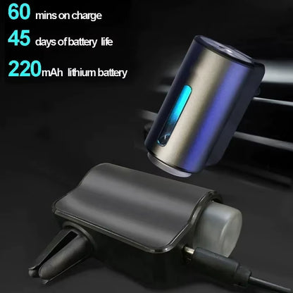Diffuser mounted at an angle in a car air vent, with battery specs: 60-minute charge, 45-day life, 220mAh