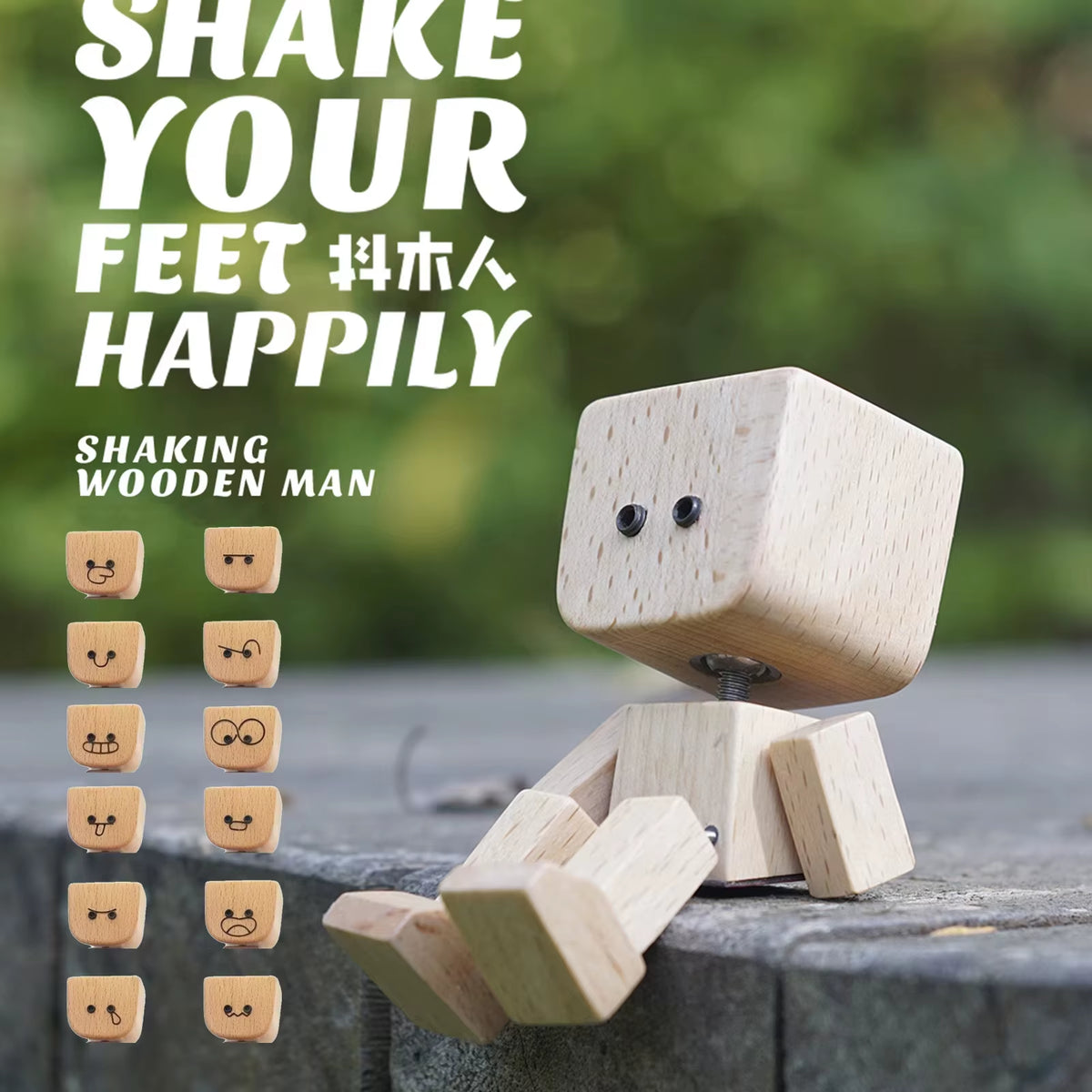 Figurine sitting on an outdoor stone ledge with green foliage behind it, next to a grid of 12 face options