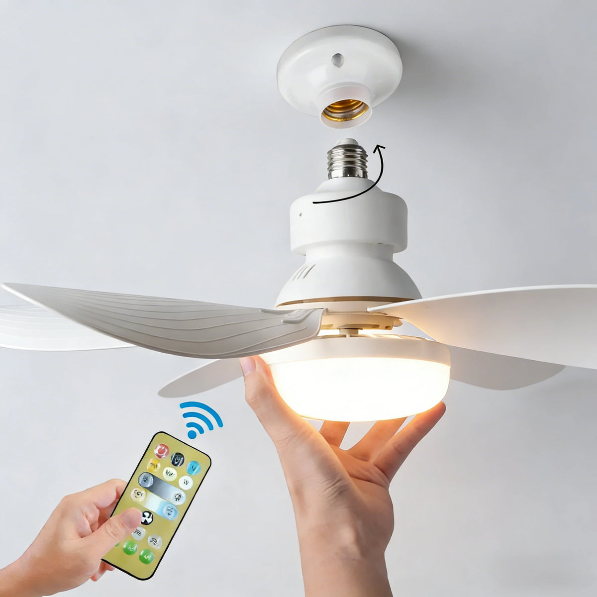 Hand screwing the fan light bulb into an E27 ceiling socket, wireless signal icon and remote control shown