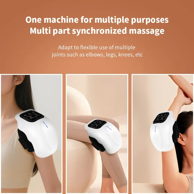 Knee massager shown worn on the shoulder, knee, and elbow for multi-purpose use