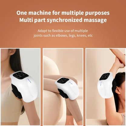 Knee massager shown worn on the shoulder, knee, and elbow for multi-purpose use