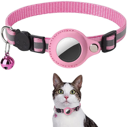 Pink striped collar with reflective stripe, AirTag holder, and bell charm; inset of a tabby-and-white cat wearing it