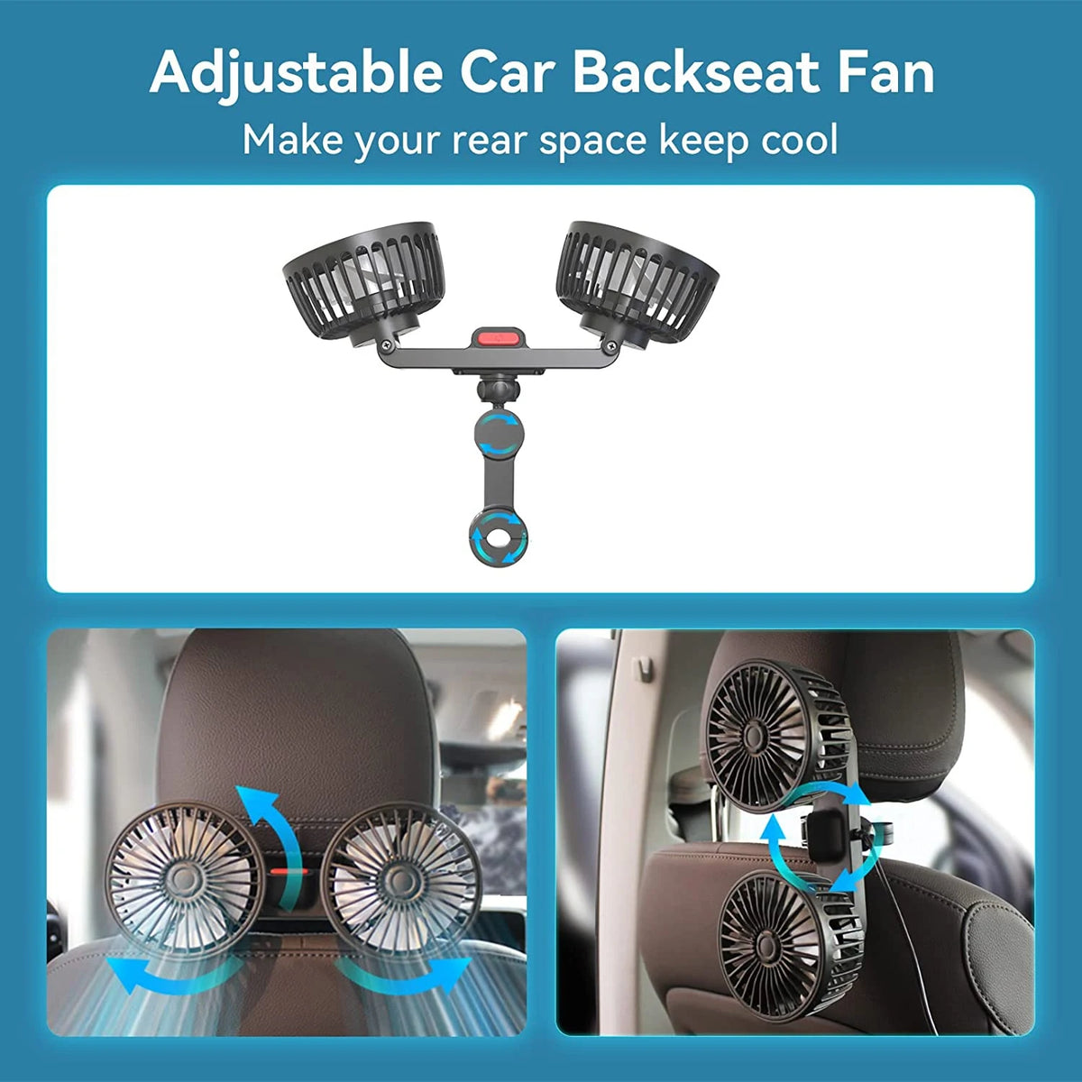 Diagram of the fan on a headrest bracket with arrows showing swivel adjustment, plus front and rear seat mounting photos
