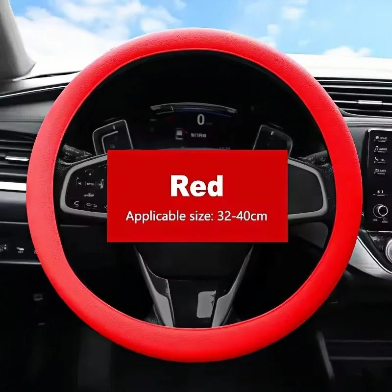 Red silicone cover fitted on a steering wheel, labeled Red, applicable size 32-40cm