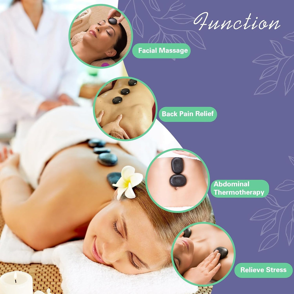 Hot stone massage set shown in use for facial, back, abdominal, and head massage