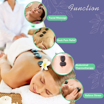 Hot stone massage set shown in use for facial, back, abdominal, and head massage