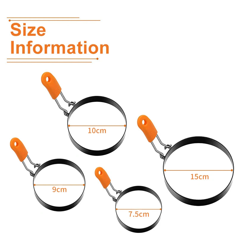 Size information graphic showing four ring sizes: 10cm, 15cm, 9cm, and 7.5cm, each with an orange handle