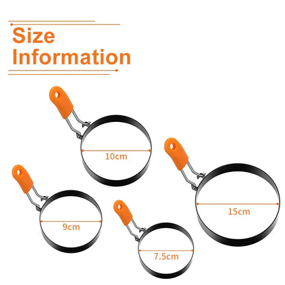 Size information graphic showing four ring sizes: 10cm, 15cm, 9cm, and 7.5cm, each with an orange handle