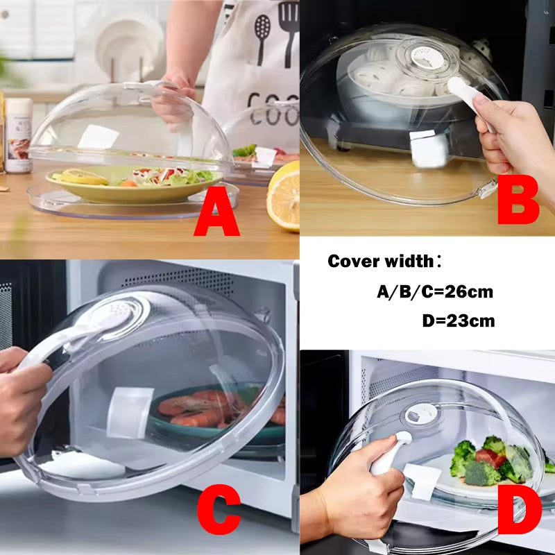 Four-panel collage A-D showing the splash guard used over salad, bowls, shrimp and broccoli dishes, cover width 26cm/23cm noted