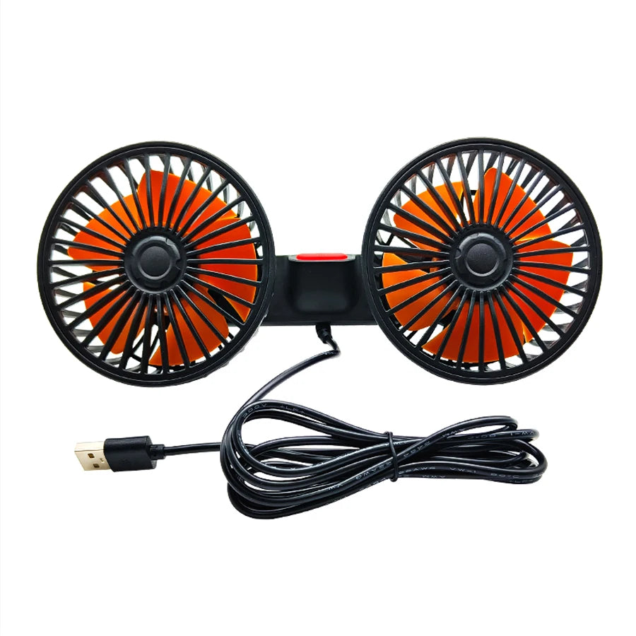 Product shot with orange fan blades visible through the black grilles and coiled USB cable on white background
