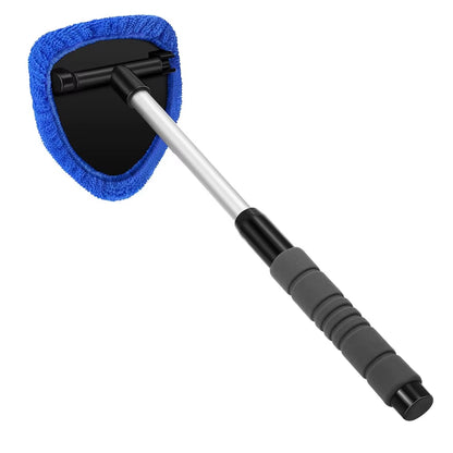 Product shot of the brush with blue microfiber head and extendable handle on white background