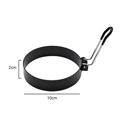 Black egg ring with black handle, dimension diagram showing 10cm diameter and 2cm height