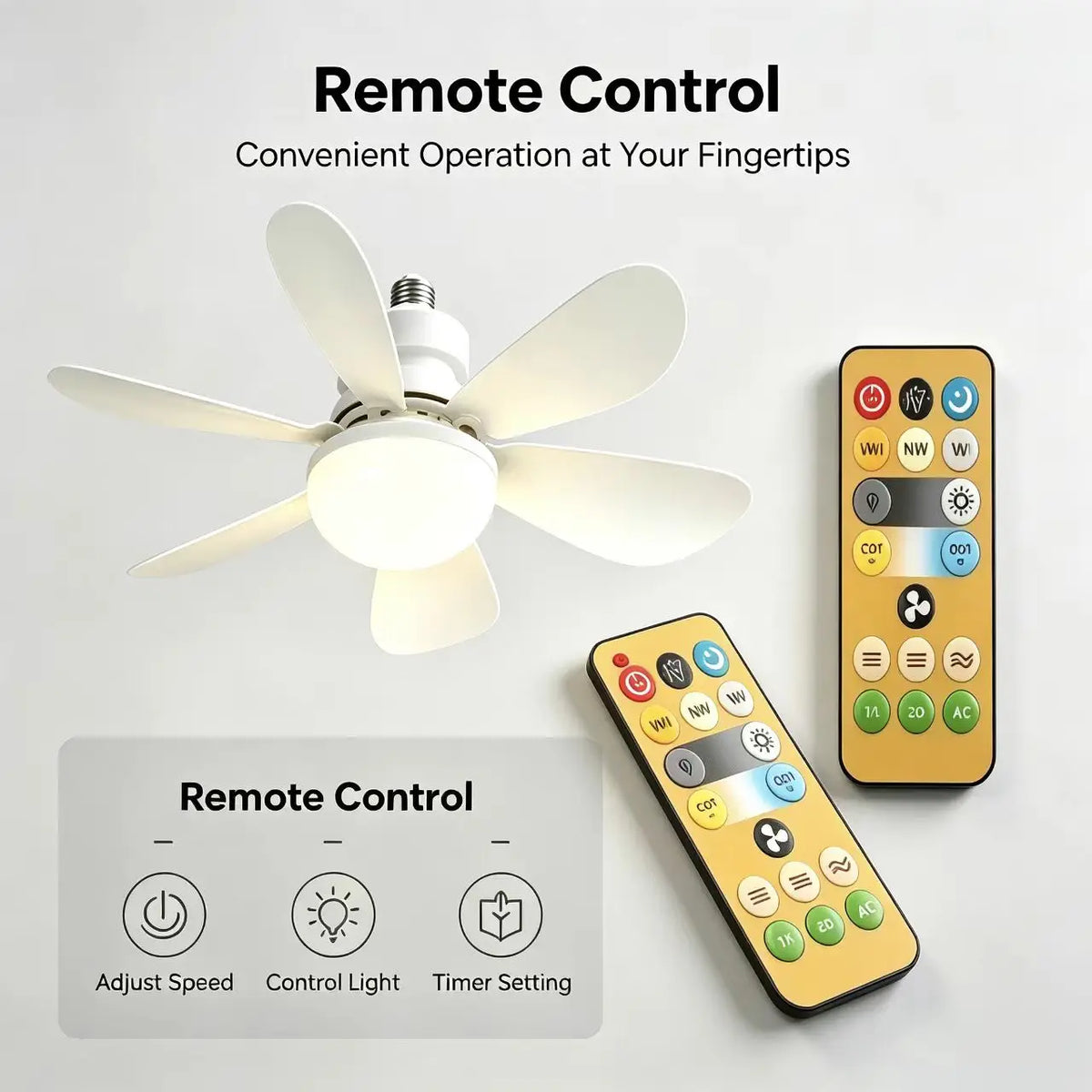 Two remote controls next to the fan light illustrating adjust speed, control light and timer setting buttons