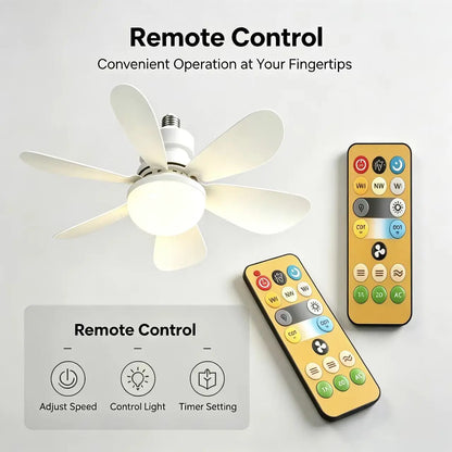 Two remote controls next to the fan light illustrating adjust speed, control light and timer setting buttons