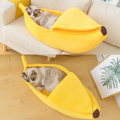 Two-panel photo of a fluffy Ragdoll-type cat curled asleep inside a yellow banana bed on a cream couch