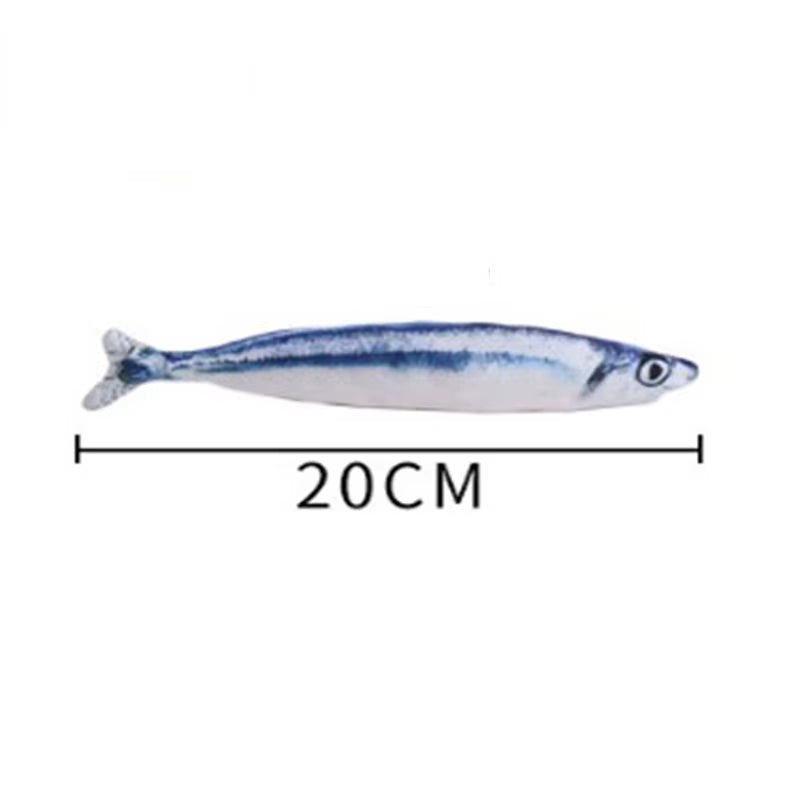 Realistic blue and white sardine-print plush fish toy with length labeled 20cm, on white background