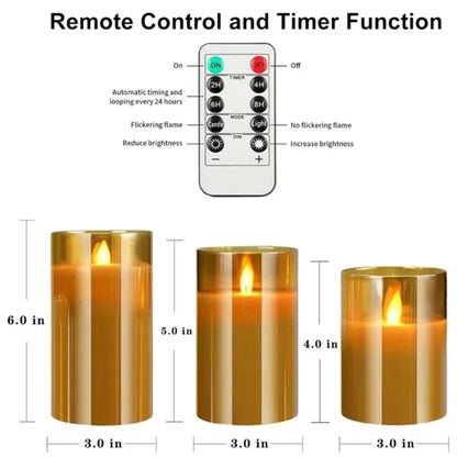 Infographic showing remote control buttons for on/off, timer, candle/light mode and dimming, plus candle heights of 6, 5 and 4 inches