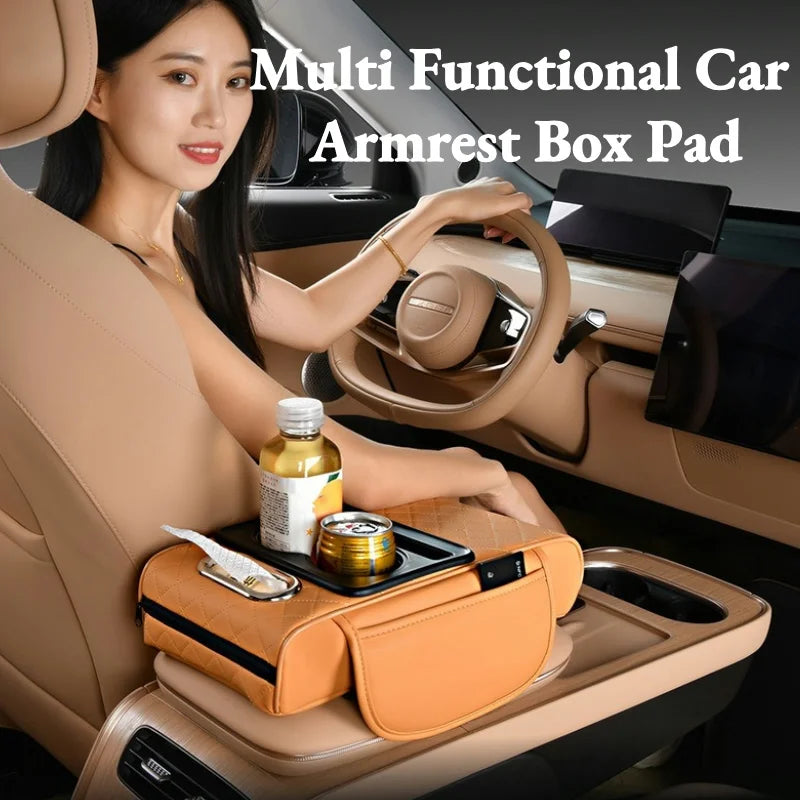 Woman driving with hand resting on tan quilted armrest cushion holding a drink bottle and can