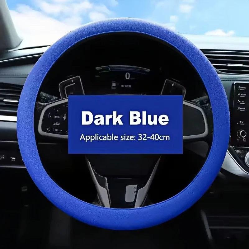 Dark blue silicone cover fitted on a steering wheel, labeled Dark Blue, applicable size 32-40cm