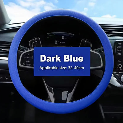 Dark blue silicone cover fitted on a steering wheel, labeled Dark Blue, applicable size 32-40cm