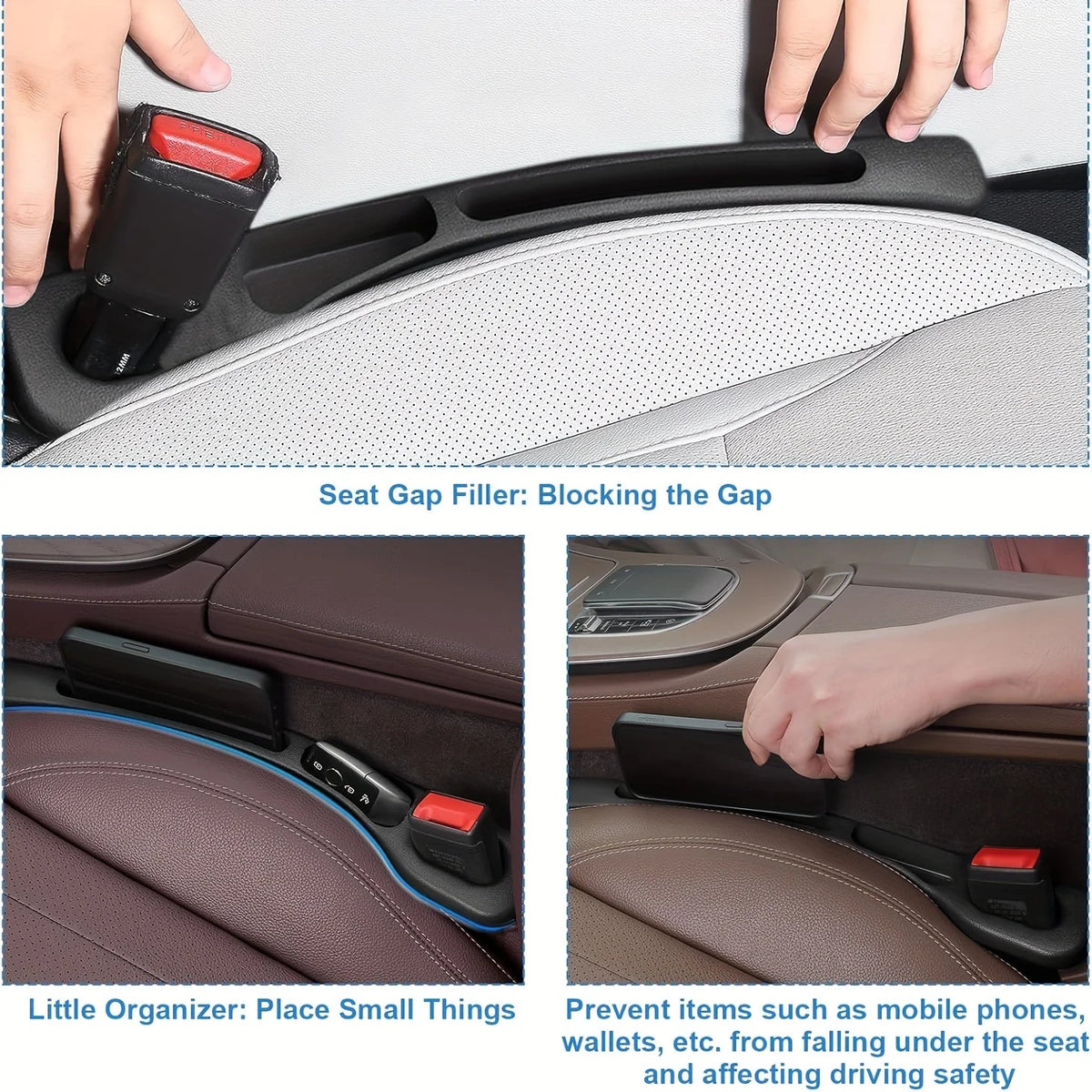 Collage showing the strip blocking the seat gap and a phone tucked beside it so it cannot fall through