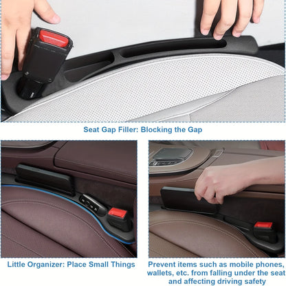 Collage showing the strip blocking the seat gap and a phone tucked beside it so it cannot fall through