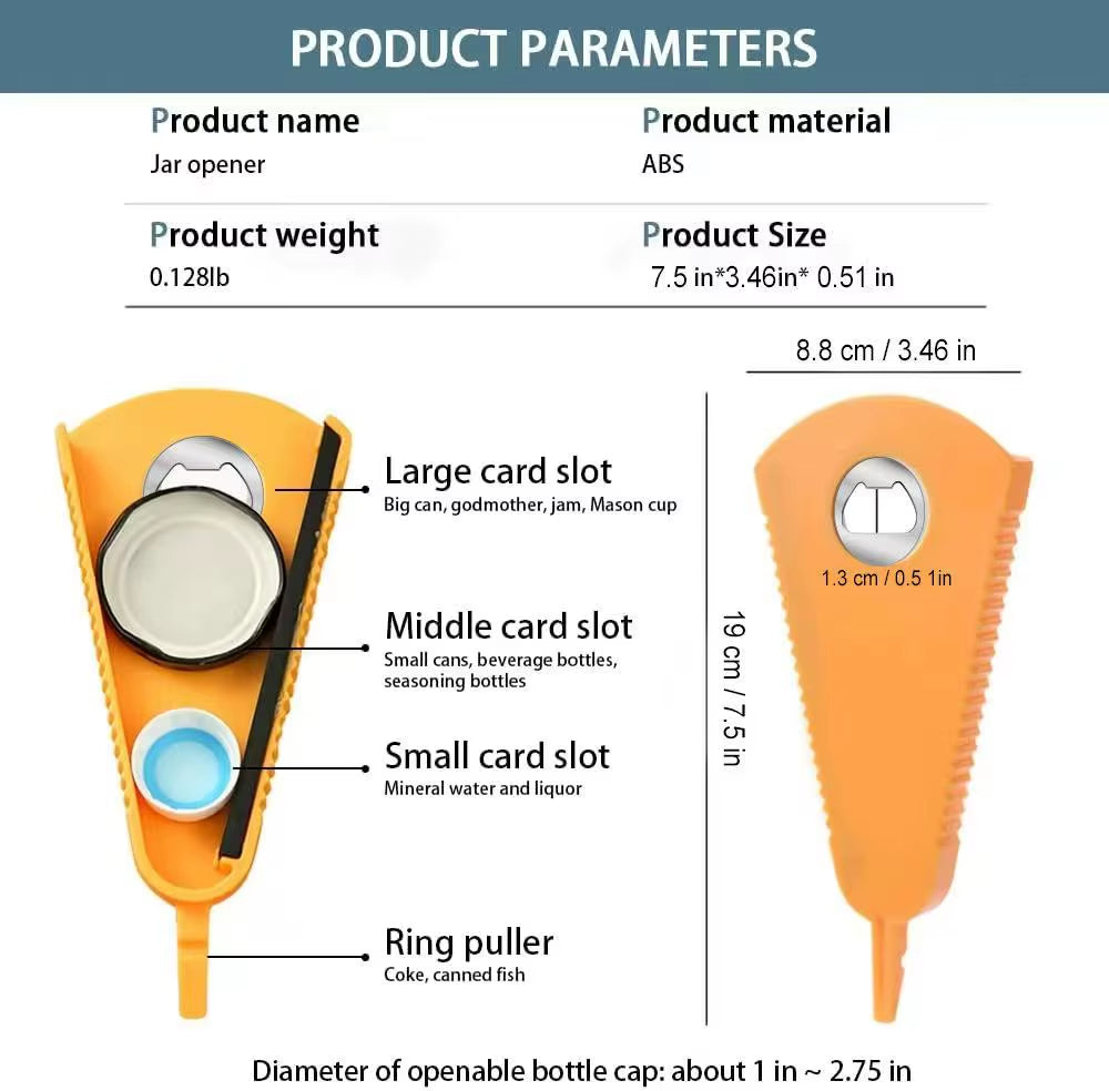 Product parameters diagram: orange ABS jar opener with large, middle, and small card slots and ring puller, dimensions 19cm x 8.8cm