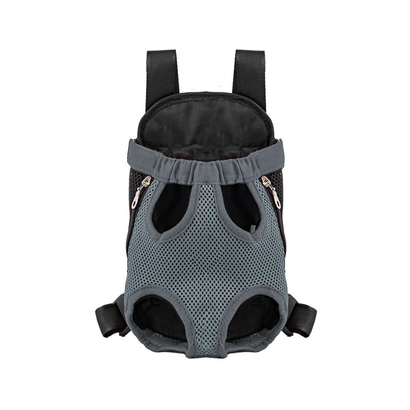 Grey front-carry mesh pet backpack, empty, front view on white background