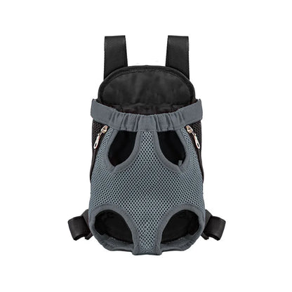 Grey front-carry mesh pet backpack, empty, front view on white background