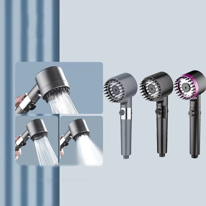 Three shower head color options - grey, black and black-purple - shown together with spray close-up insets