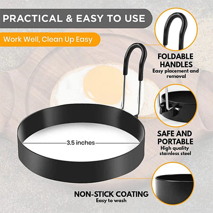 Infographic showing a 3.5 inch egg ring, highlighting foldable handles, portability, and non-stick coating