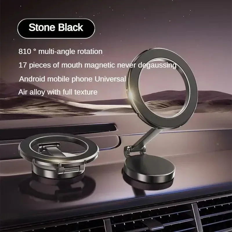 Black magnetic mount folded and upright on a dashboard at dusk, with feature list including 810-degree rotation