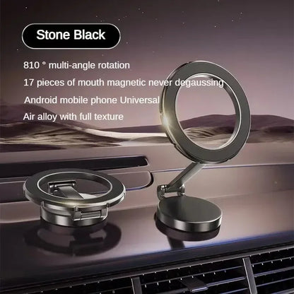Black magnetic mount folded and upright on a dashboard at dusk, with feature list including 810-degree rotation