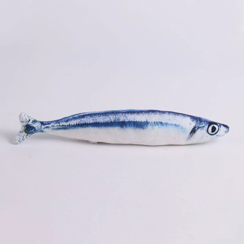 Realistic blue and white sardine-print plush fish toy, side view on white background