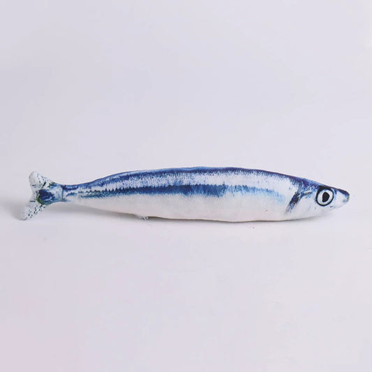 Realistic blue and white sardine-print plush fish toy, side view on white background