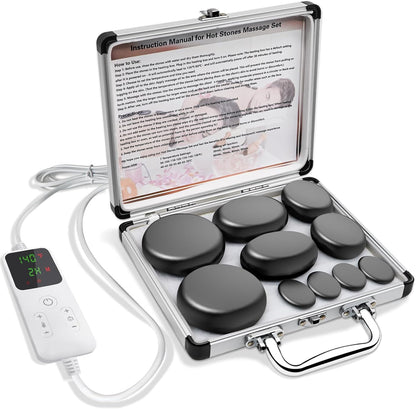Kierosa Hot Stone Massage Set open case showing 10 stones, remote control, and instructions