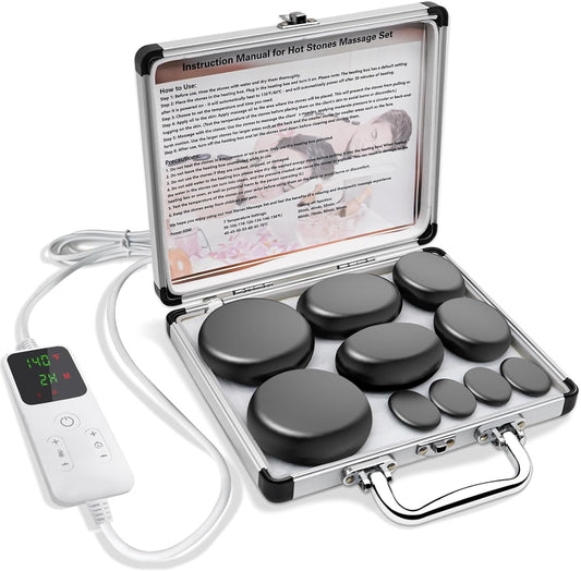 Kierosa Hot Stone Massage Set open case showing 10 stones, remote control, and instructions