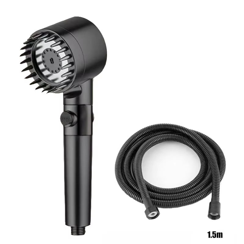 Plain black shower head with a coiled 1.5-meter black hose, white background