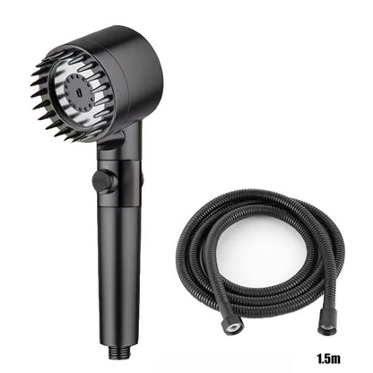 Plain black shower head with a coiled 1.5-meter black hose, white background