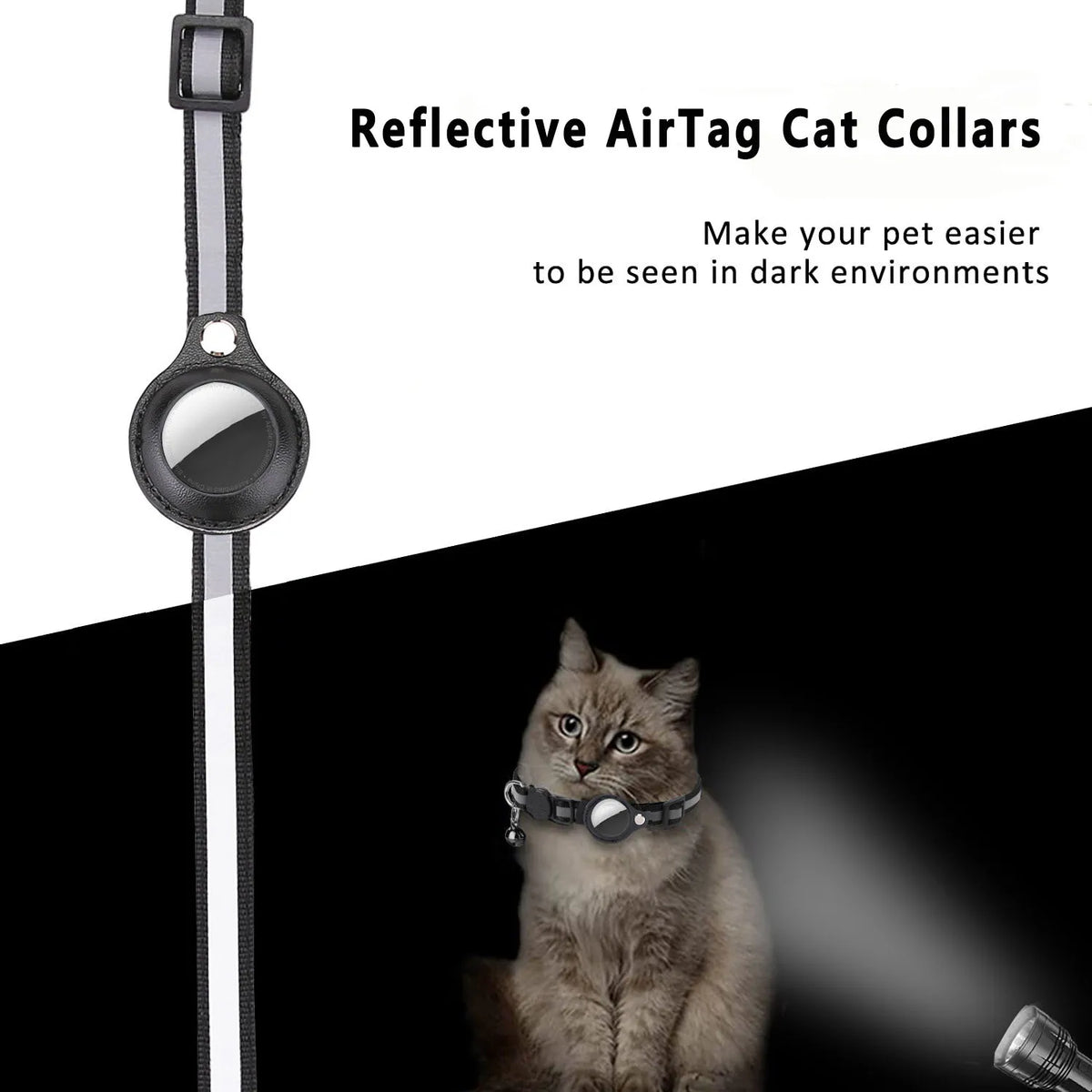 Split image comparing the collar in daylight versus glowing reflective under flashlight in the dark on a tan cat