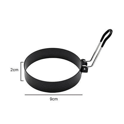 Black egg ring with black handle, dimension diagram showing 9cm diameter and 2cm height