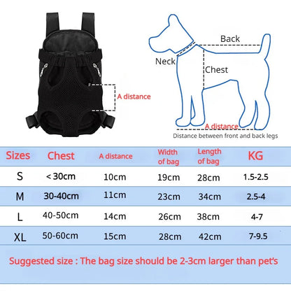 Sizing diagram showing dog neck, chest, and leg-distance measurements alongside an S-XL size chart with bag dimensions and weight range