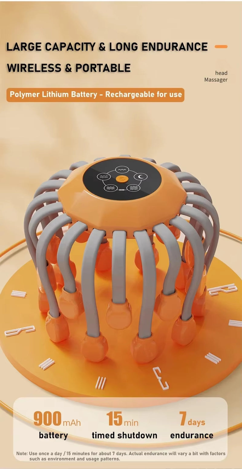 Scalp massager battery specifications: 900mAh, 15-minute auto shutoff, 7-day endurance