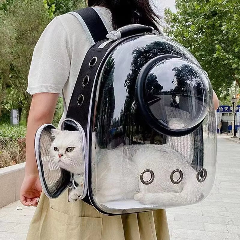 Woman walking outdoors wearing the carrier backpack with a white fluffy cat visible through the bubble window and side mesh