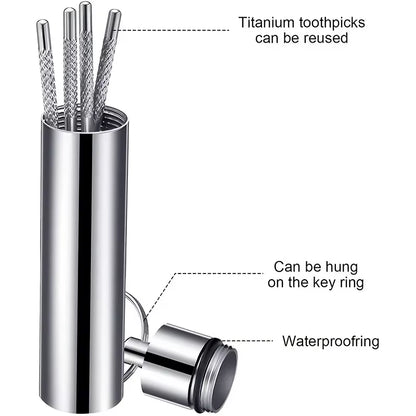 Labeled diagram noting the reusable titanium toothpicks, key ring attachment, and waterproof ring seal