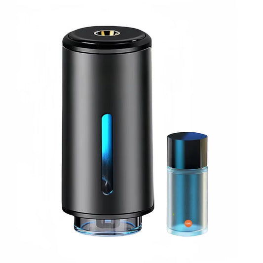 Black cylindrical diffuser with a glowing blue indicator strip beside one 10ml scent refill bottle