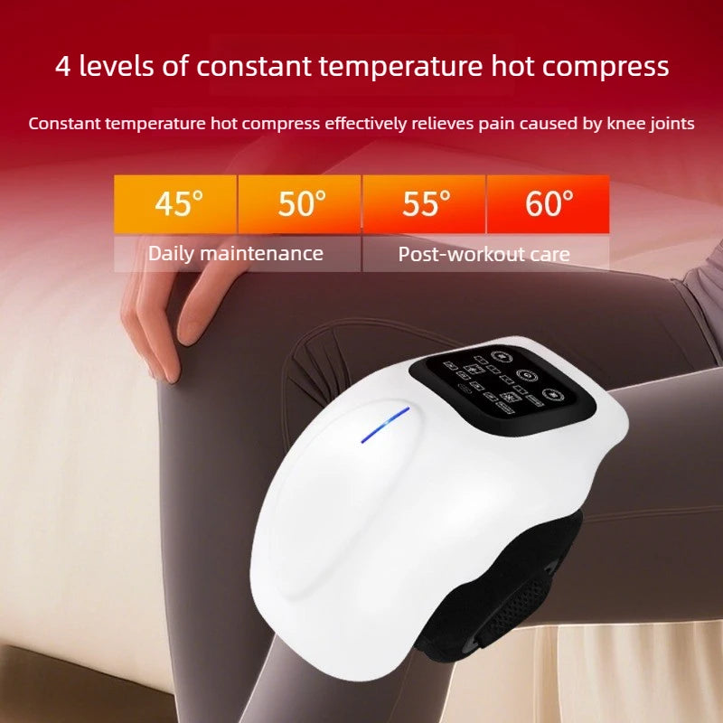 Knee massager in use showing 4 heat settings from 45 to 60 degrees Celsius