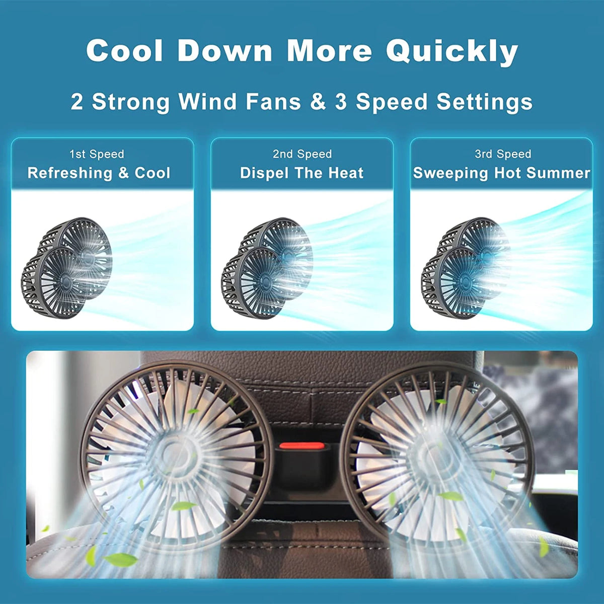 Three panels showing the three speed settings plus a photo of the fan blowing leaves through a car seat gap