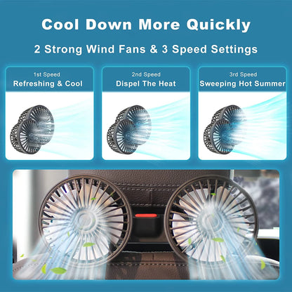 Three panels showing the three speed settings plus a photo of the fan blowing leaves through a car seat gap