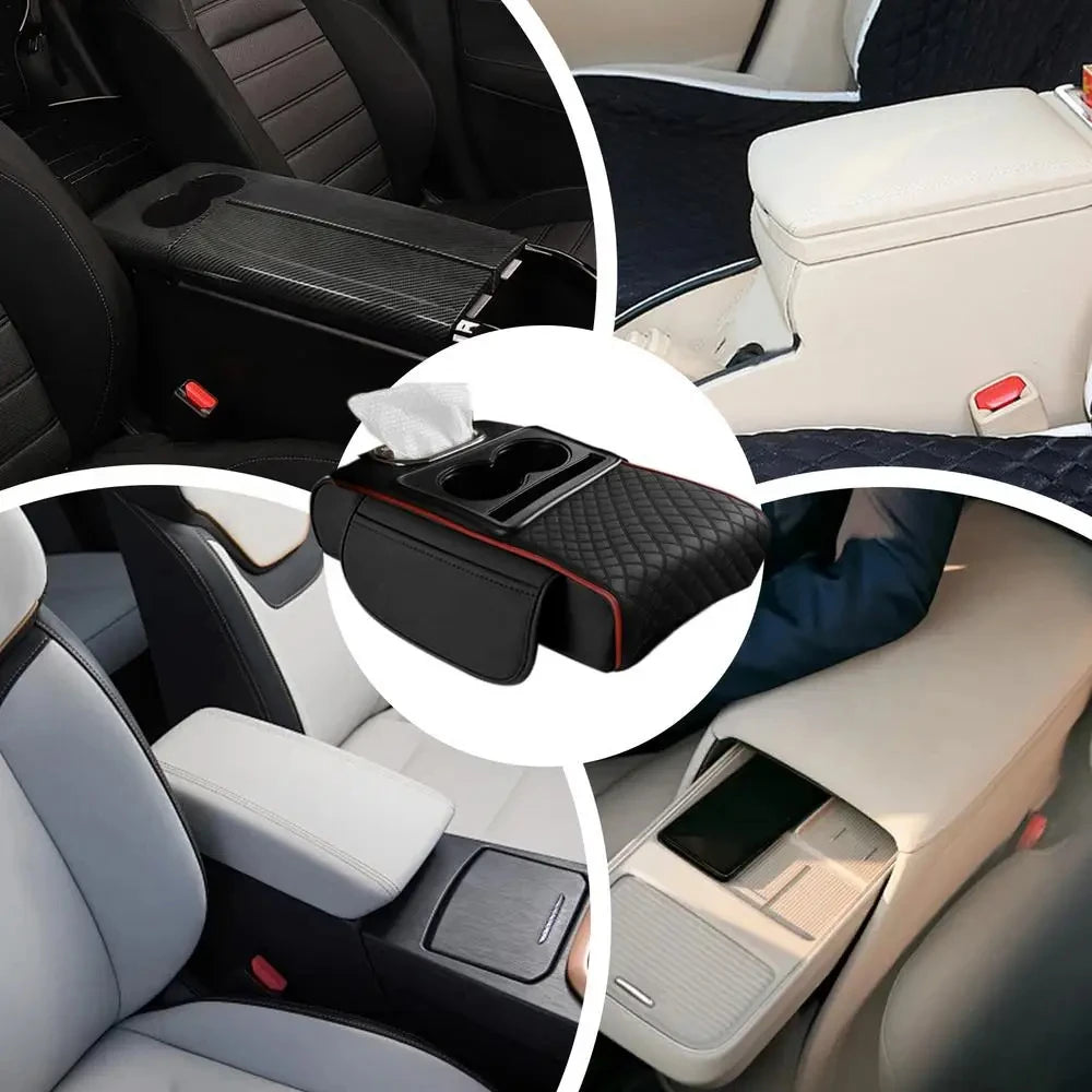 Four-panel collage of the armrest cushion fitted on different car console styles and colors